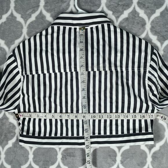 Jacket Womens Medium Black White Striped Cropped Button Stretch FAVLUX - Picture 5 of 12